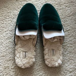 Birdies The Phoebe velvet and fur lined slides in emerald